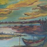 oil on panel twilight on the salt marshes of Brittany signed JDD