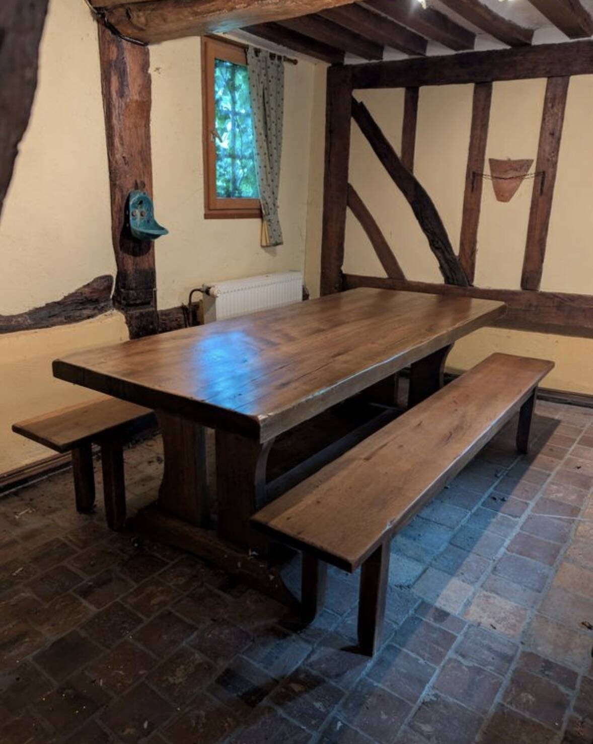 Set of 3 monastery tables in solid oak 220 cm with 6 matching benches.