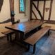 Set of 3 monastery tables in solid oak 220 cm with 6 matching benches.