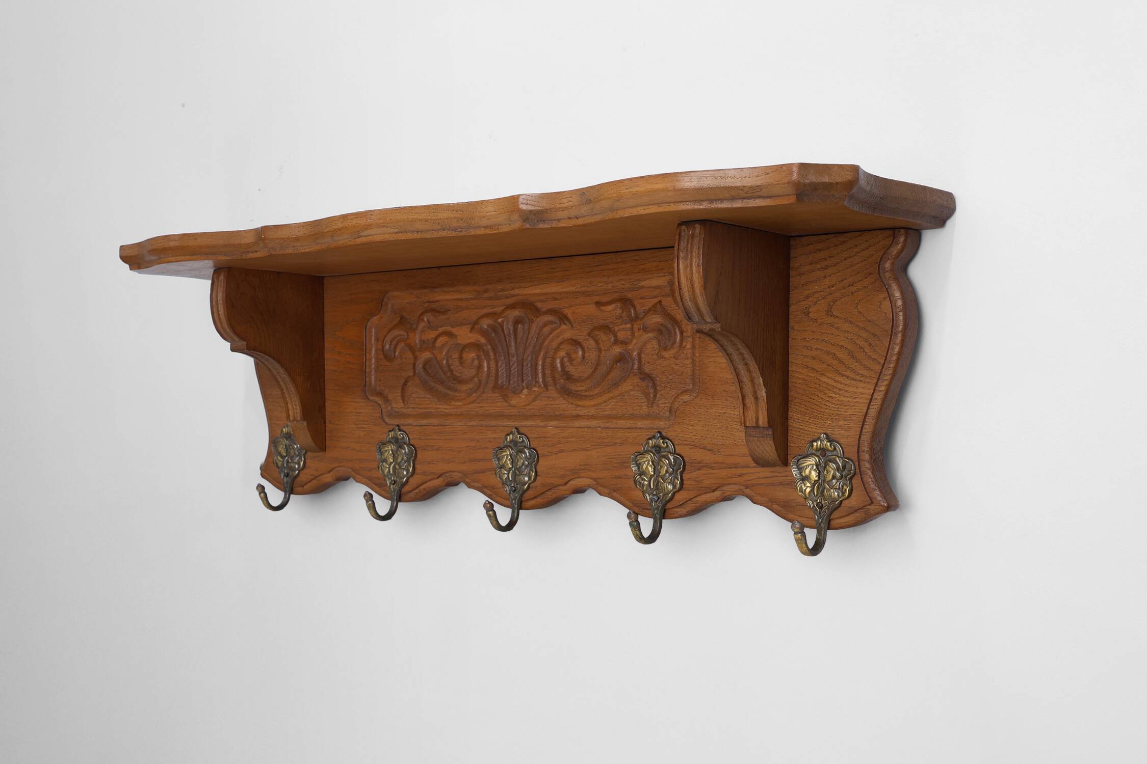 Mid-Century Belgian Oak Wall-Mounted Coat Rack in Bruegel Style