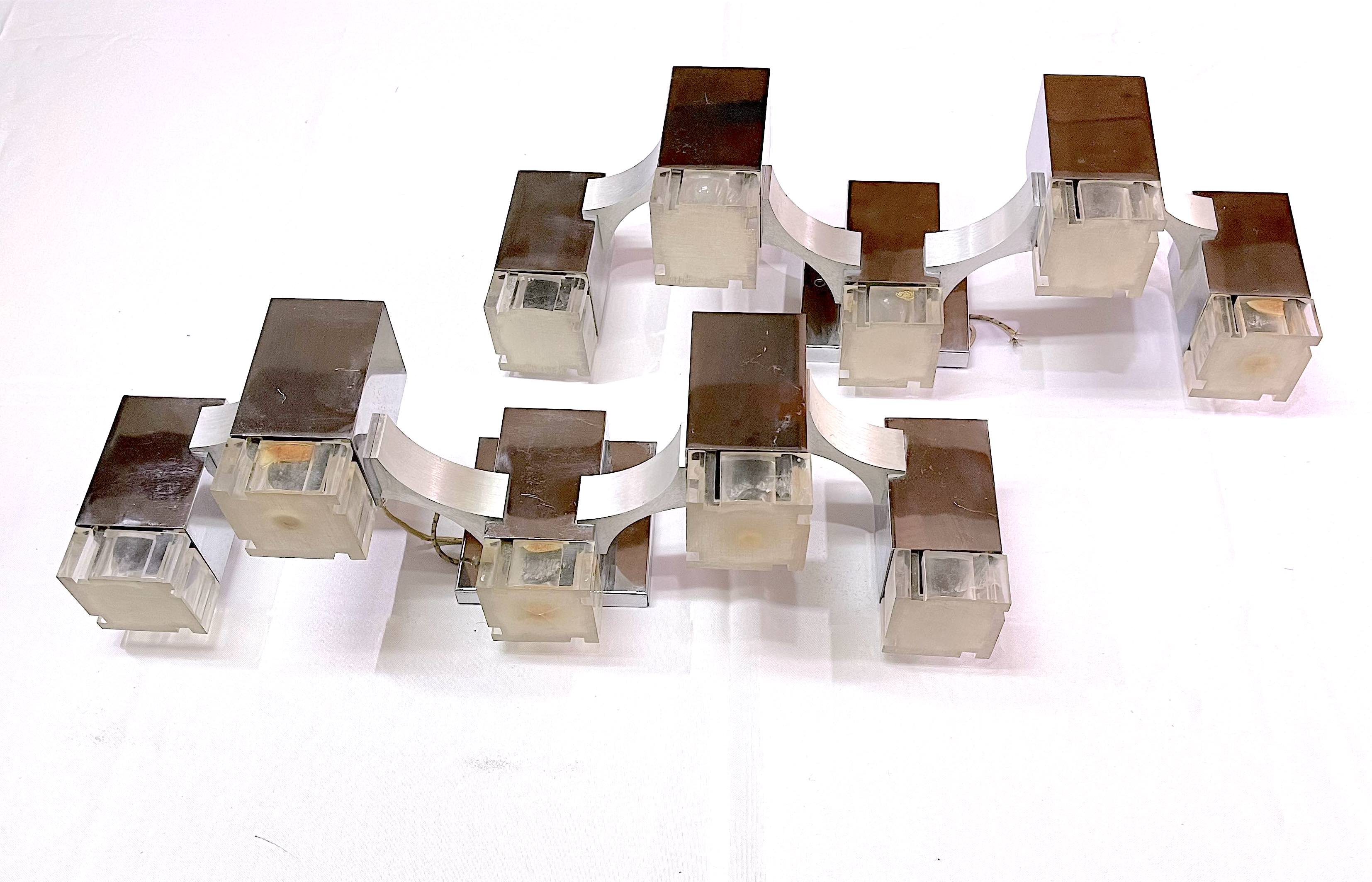 Sciolari, "Cubic" pair of large chrome wall lights, Space Age, Italy 1970