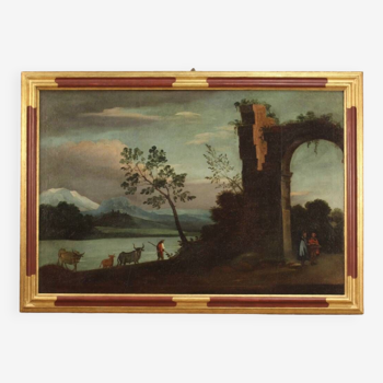 Painting landscape with ruins oil on canvas from 18th century