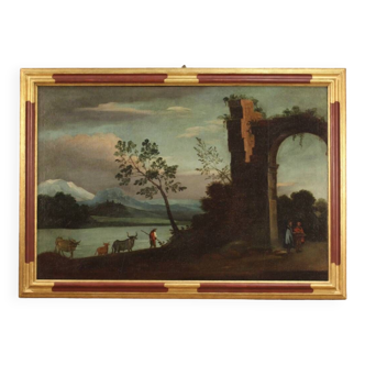Tableau paysage avec ruines huile sur toile du 18ème siècle