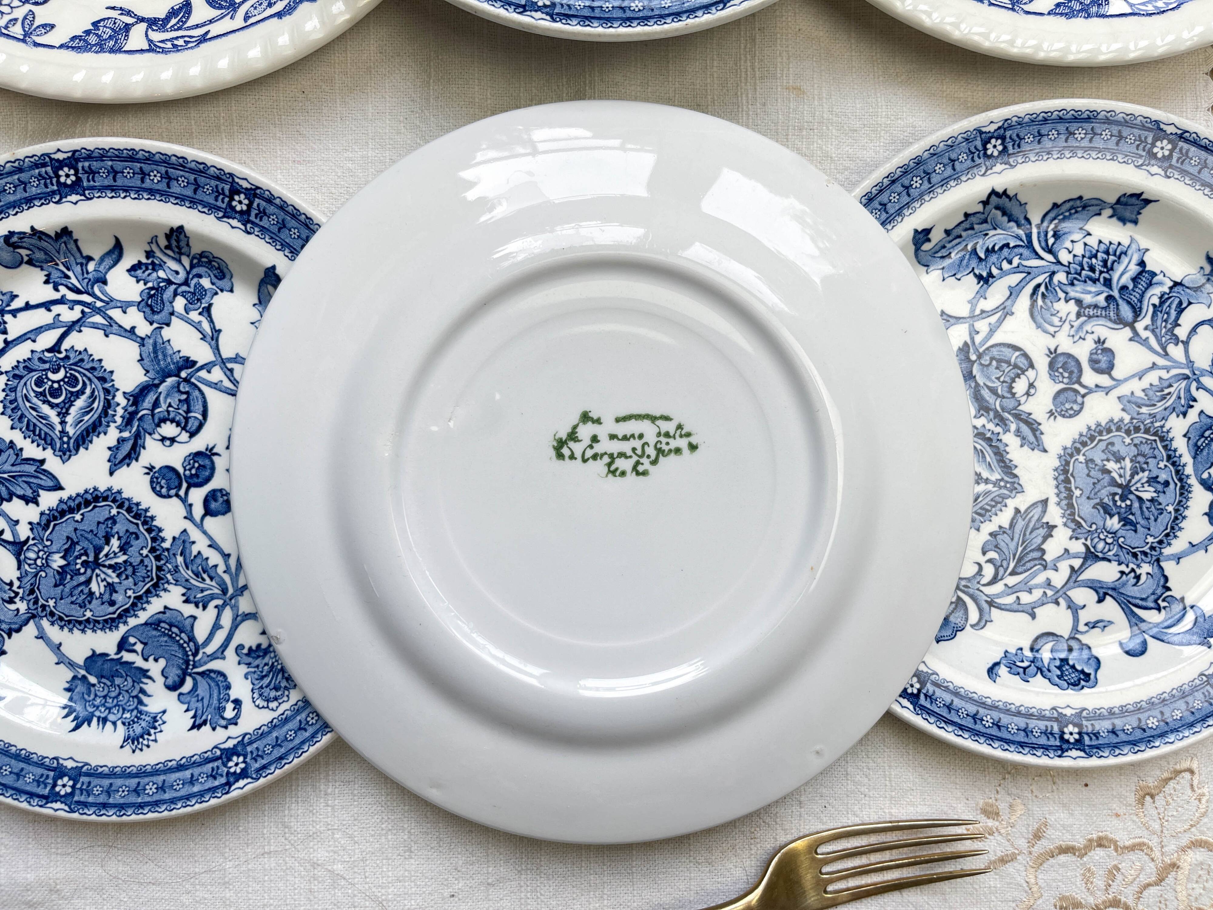 6 Vintage White Porcelain Plates with Gold Trim + 6 Small Mismatched Blue Jacobean Plates