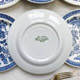 6 Vintage White Porcelain Plates with Gold Trim + 6 Small Mismatched Blue Jacobean Plates