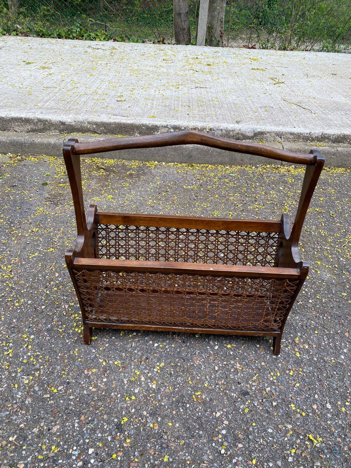 Vintage magazine rack, solid wood and cane document holder.