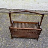 Vintage magazine rack, solid wood and cane document holder.