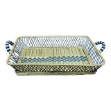 Beige and blue woven wicker tray - ceramic handle