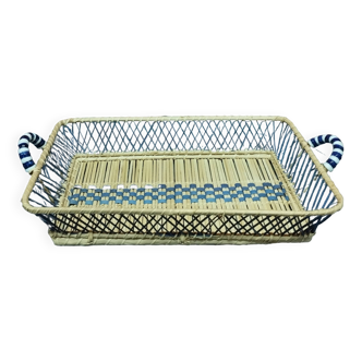 Beige and blue woven wicker tray - ceramic handle