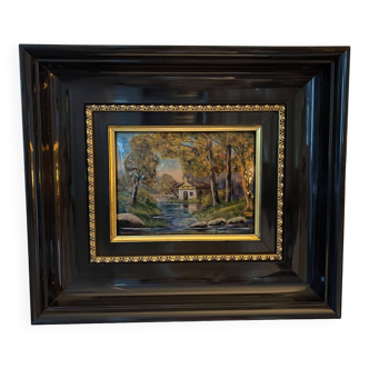 “riviere” painting on metal emaux de limoges signed