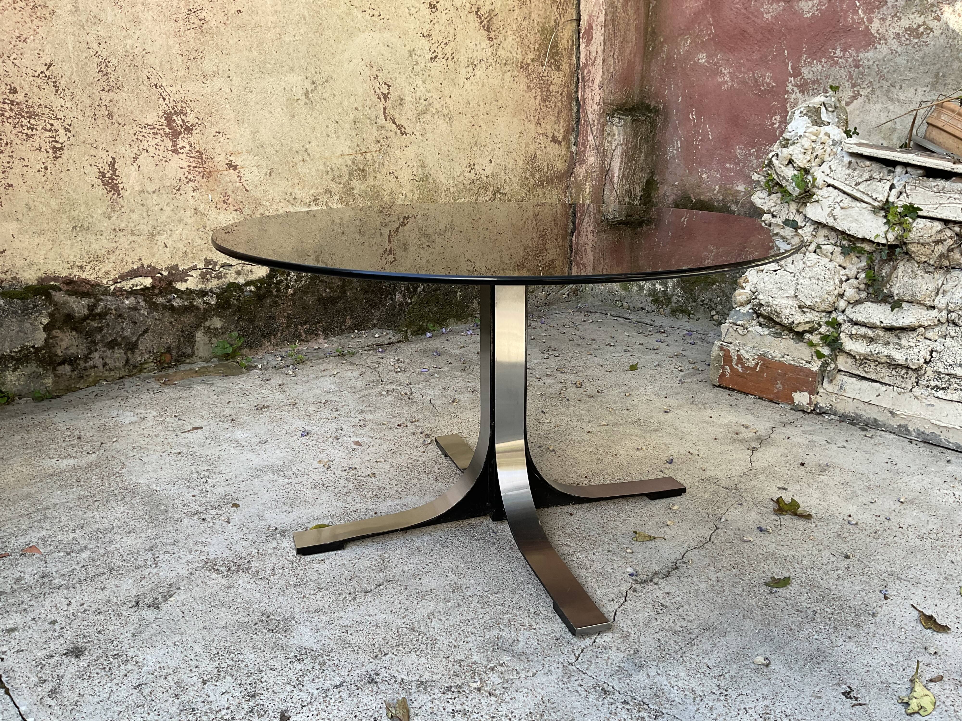 Adjustable coffee table in smoked glass, steel and stainless steel from the 70s