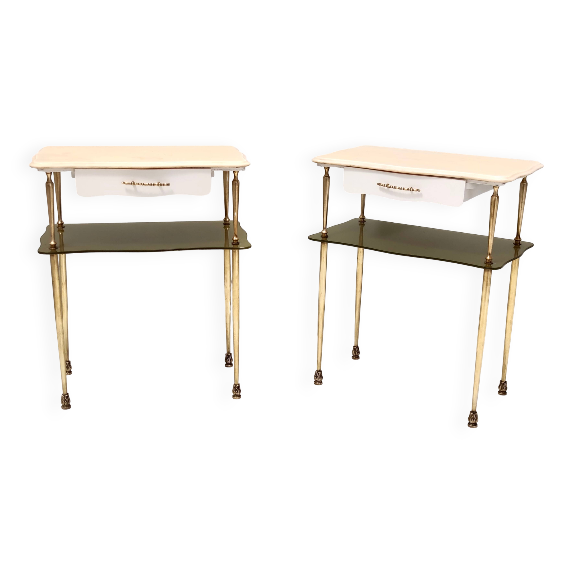 Pair of White Lacquered Nightstands with Marble Tops and Glass Shelves, Italy