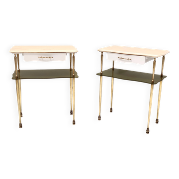 Pair of White Lacquered Nightstands with Marble Tops and Glass Shelves, Italy