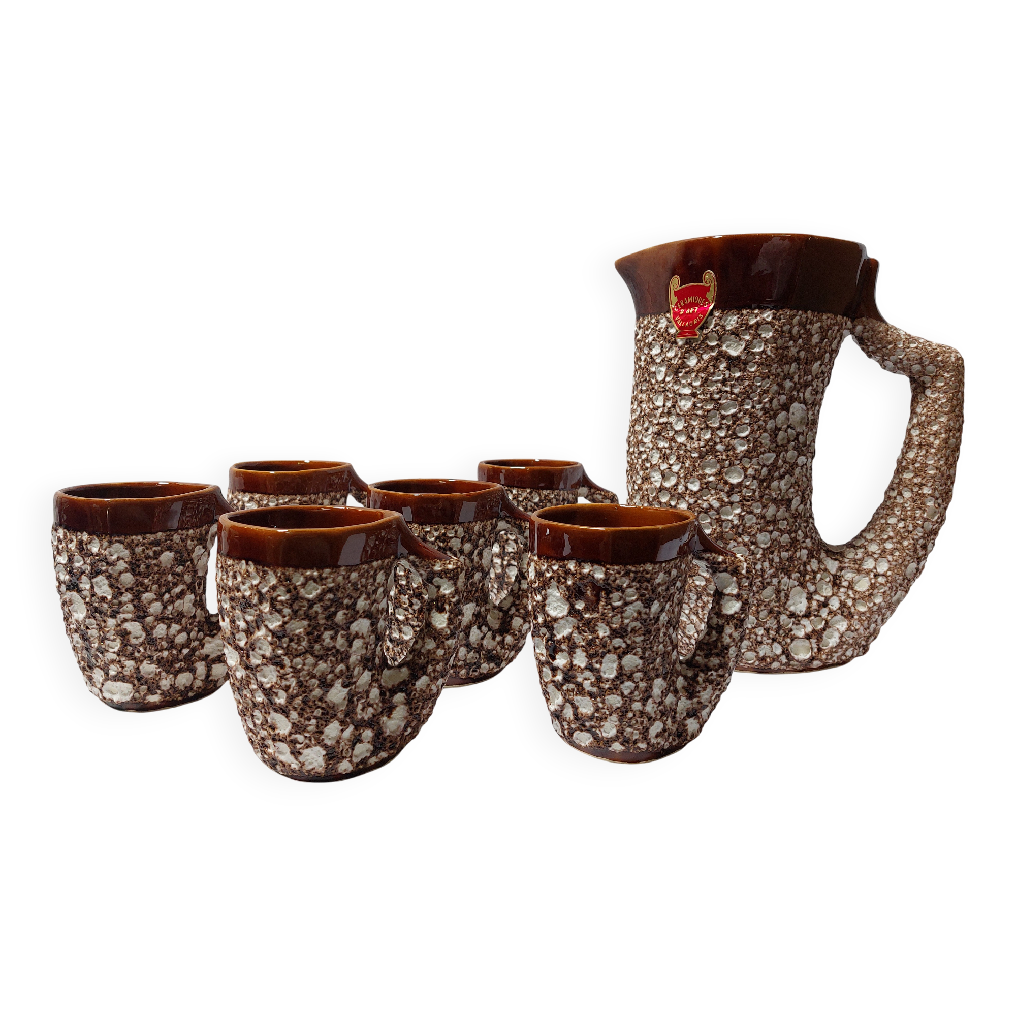 Vintage Vallauris orangeade service with 6 brutalist ceramic glasses.
