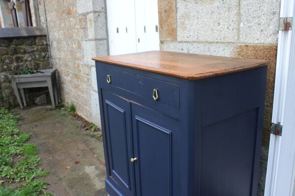Buffet ancien en bois massif – Bleu profond & plateau bois