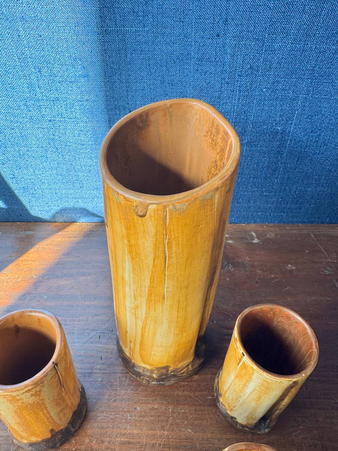 Vintage 1970s ceramic pitcher and glass set for orangeade, faux bamboo.