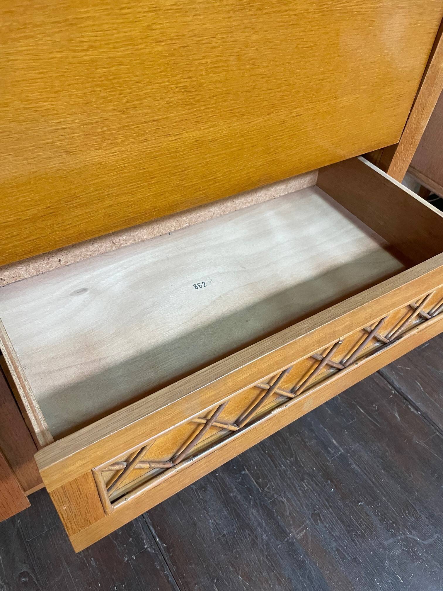 Armoire, secrétaire, commode en bois et rotin, années 60