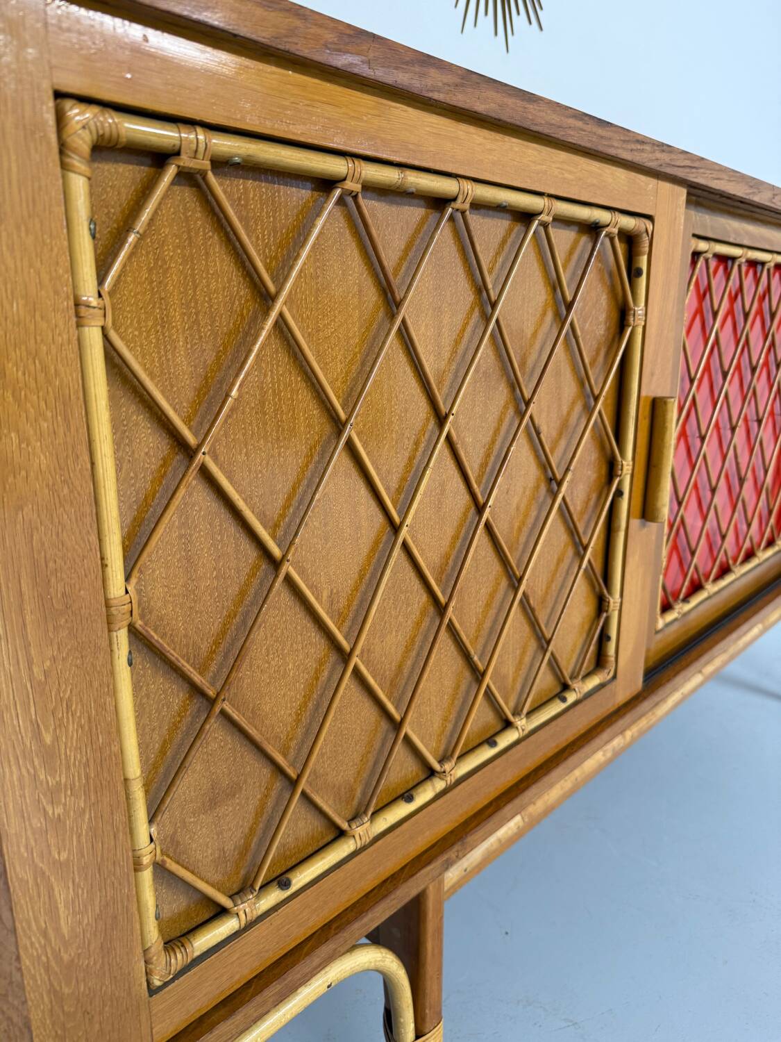 Antique French vintage 50s design wooden and rattan sideboard