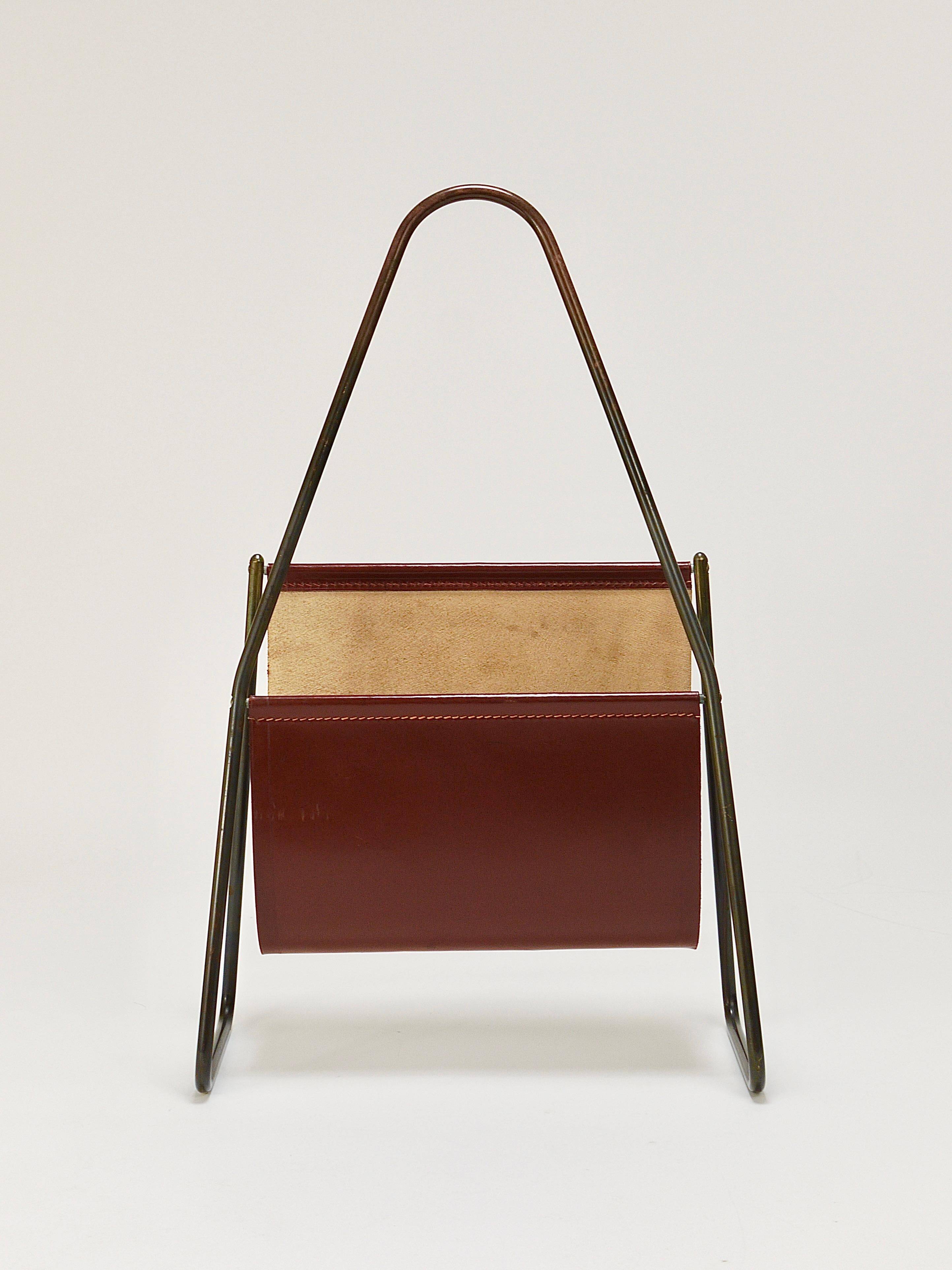 Carl Auböck II Magazine rack Midcentury, brass and brown leather, vintage, Austria