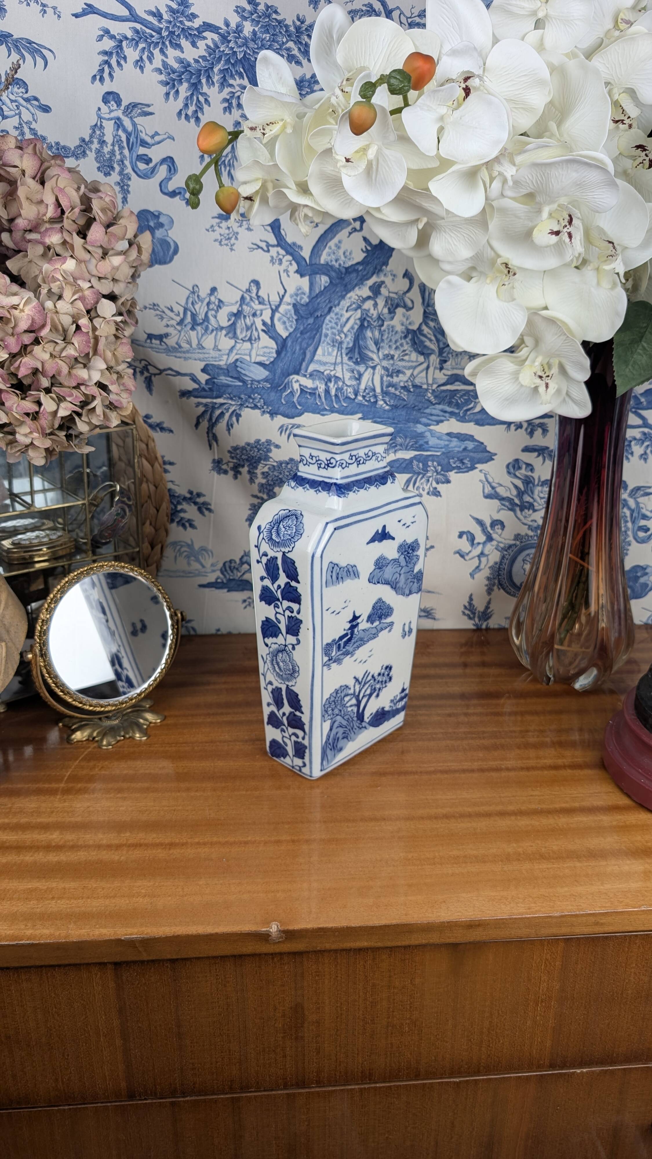 Rectangular Hue Blue Vase Vietnamese Landscape Decor 20th Century