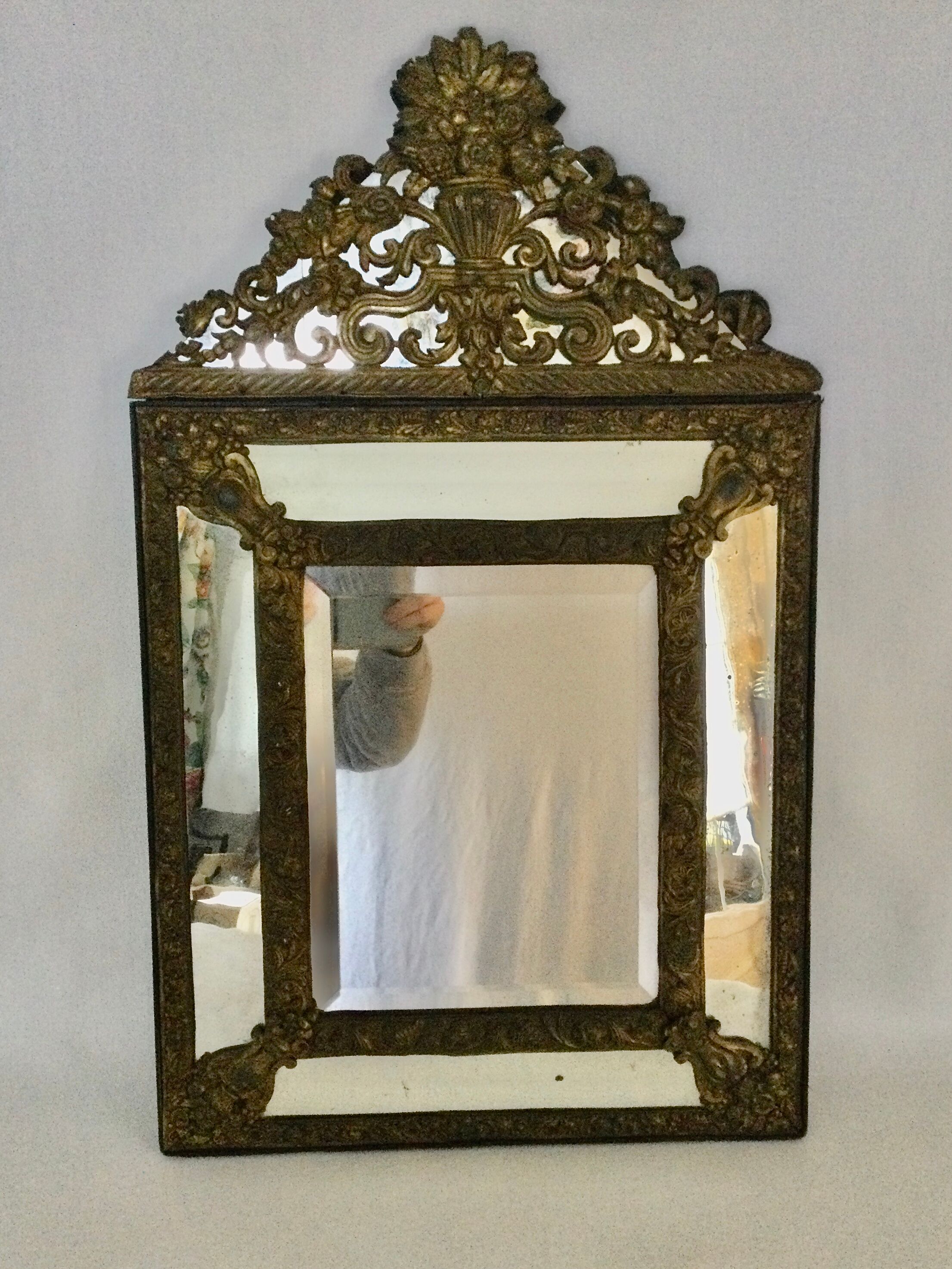 19th century embossed brass mirror with bead - 65x39cm