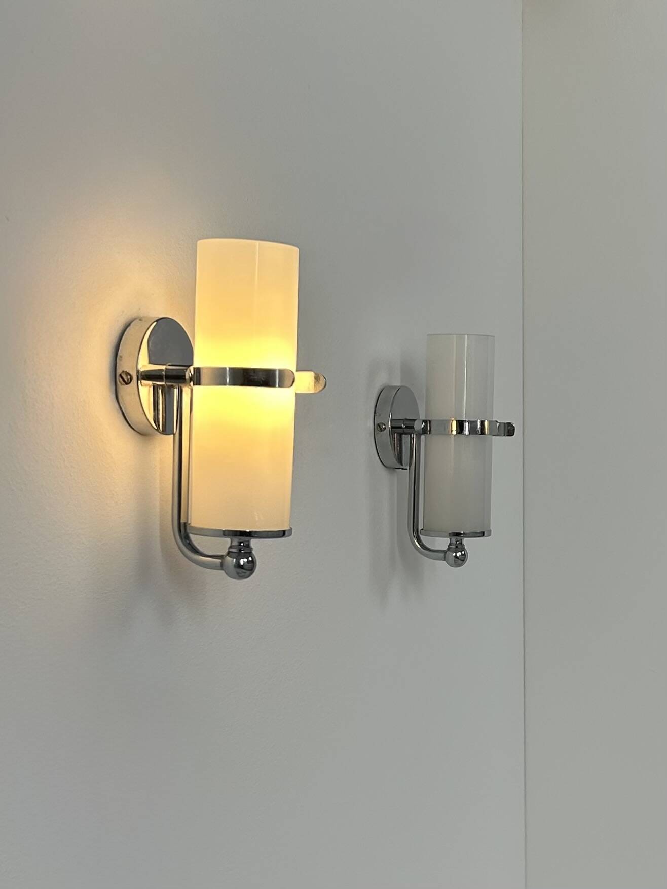 Pair of vintage wall lights, chrome and opaline, France, 1970.