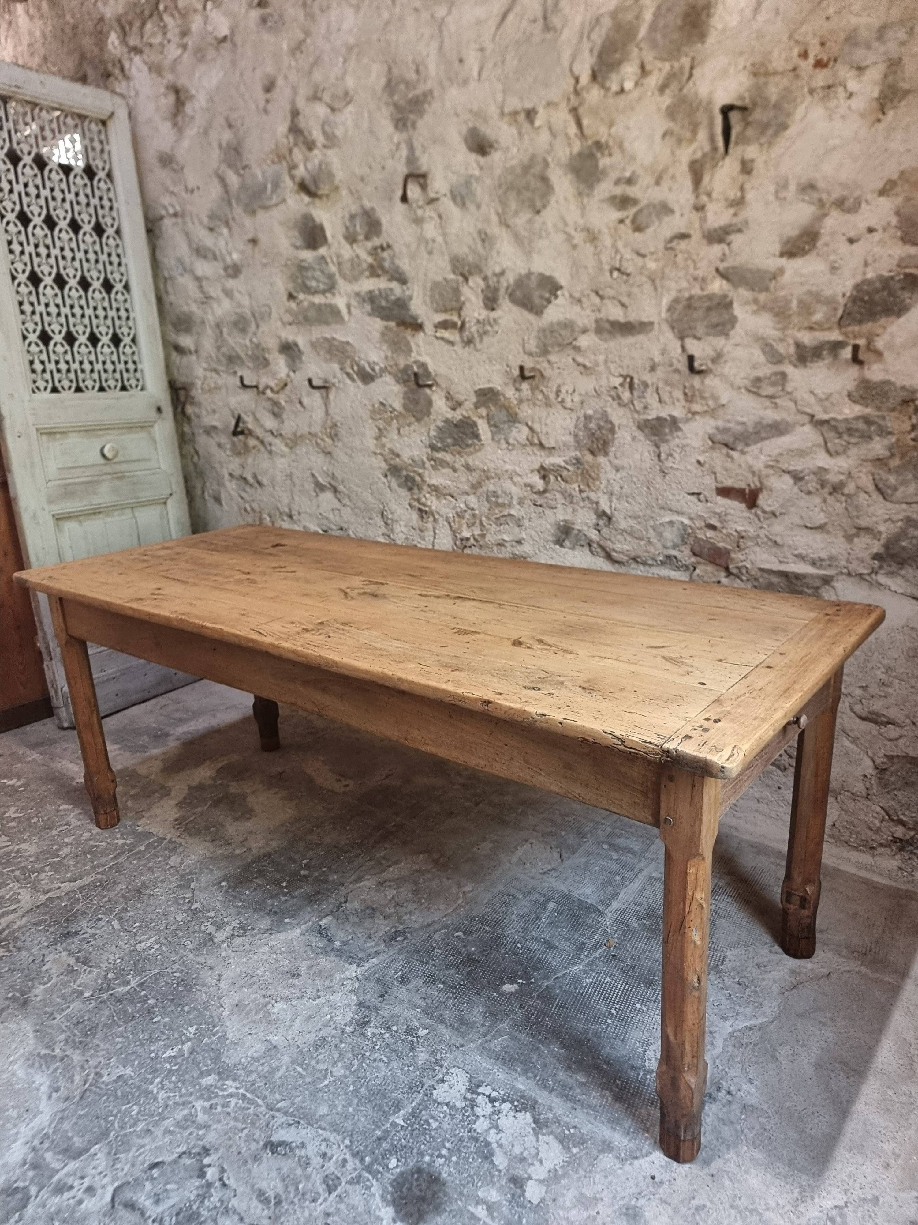 Old farmhouse dining table, rustic kitchen, poplar top, chestnut base, two drawers, 1800–1850.