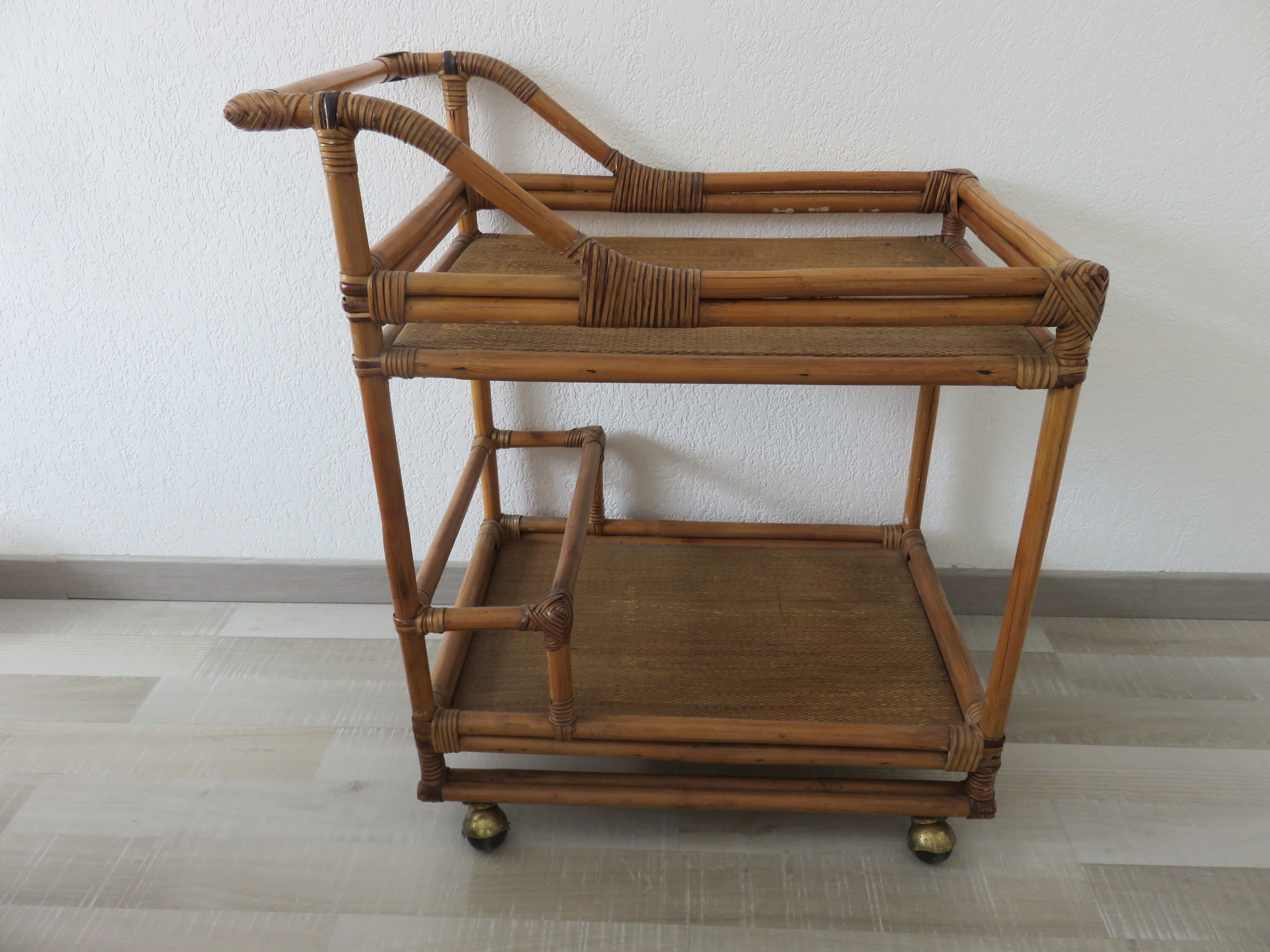 Rolling table, bamboo rattan service 70s