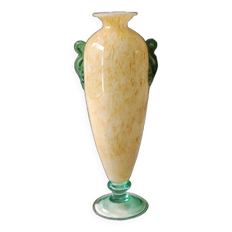 Vase Amphore, moucheté jaune. Style Murano. En verre soufflé. Haut 28 cm