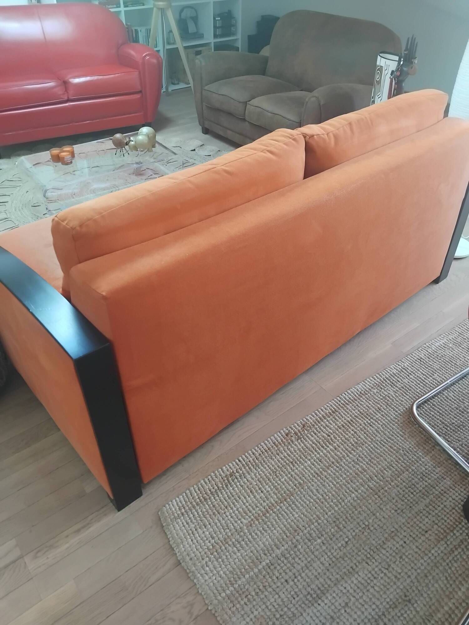 3-seater convertible sofa in brick orange & blackened wood – Diva Salon x Simm