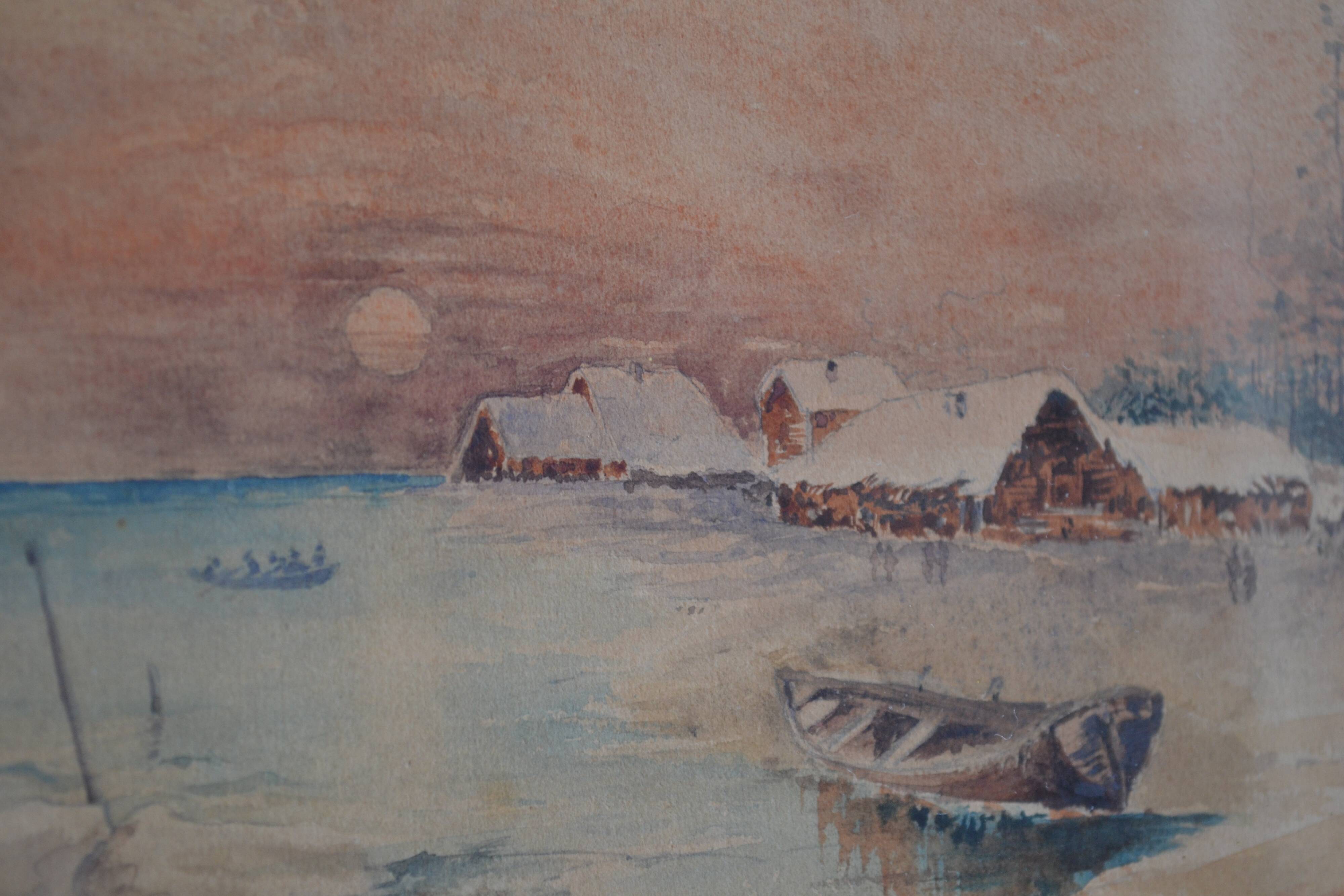 Old watercolor painting of seaside landscape signed H. Jeannolle 19th century