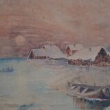 Peinture à l'aquarelle ancienne paysage de bord de mer signé H. Jeannolle XIXe s
