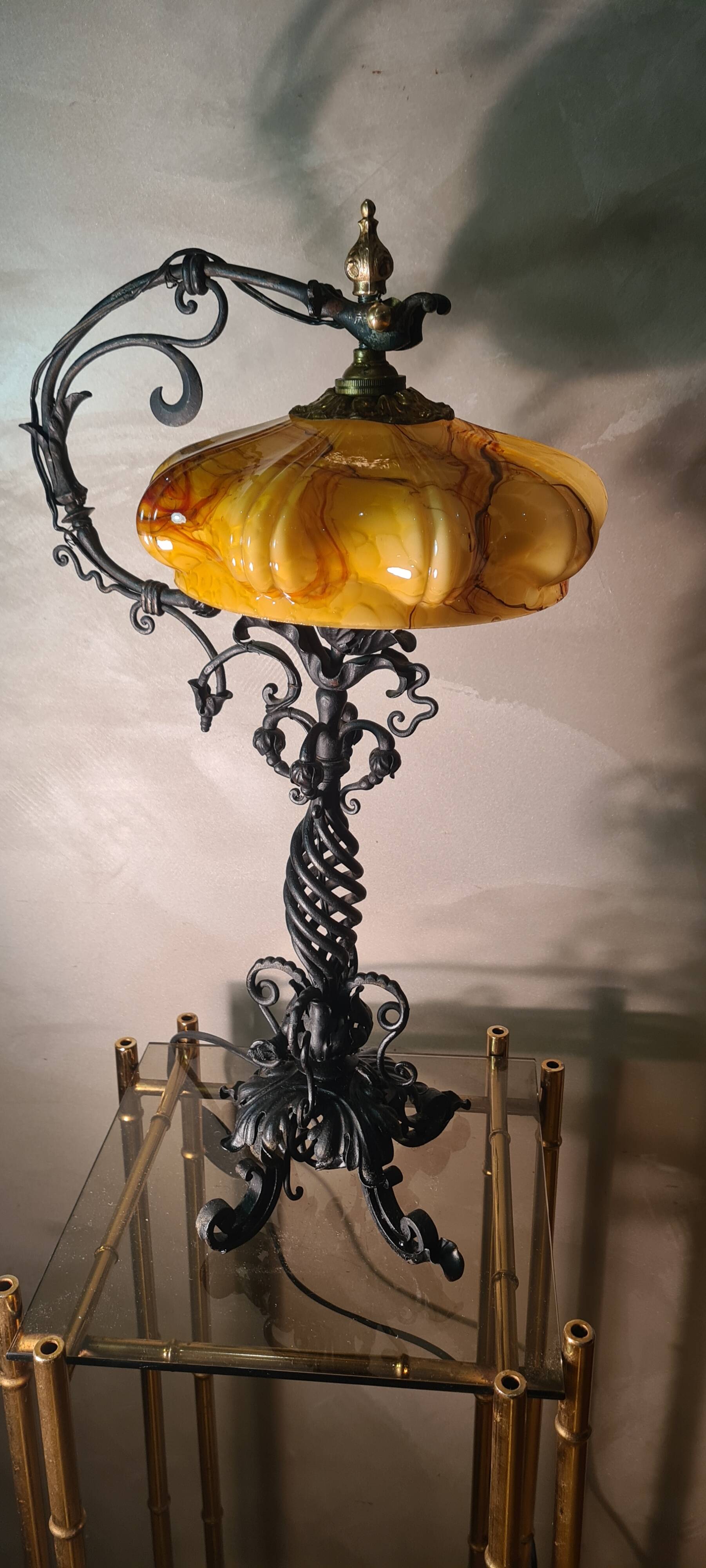 large wrought iron work lamp Andalusian style 1900 marbled opaline,,,, 49x25 magnificent and rare