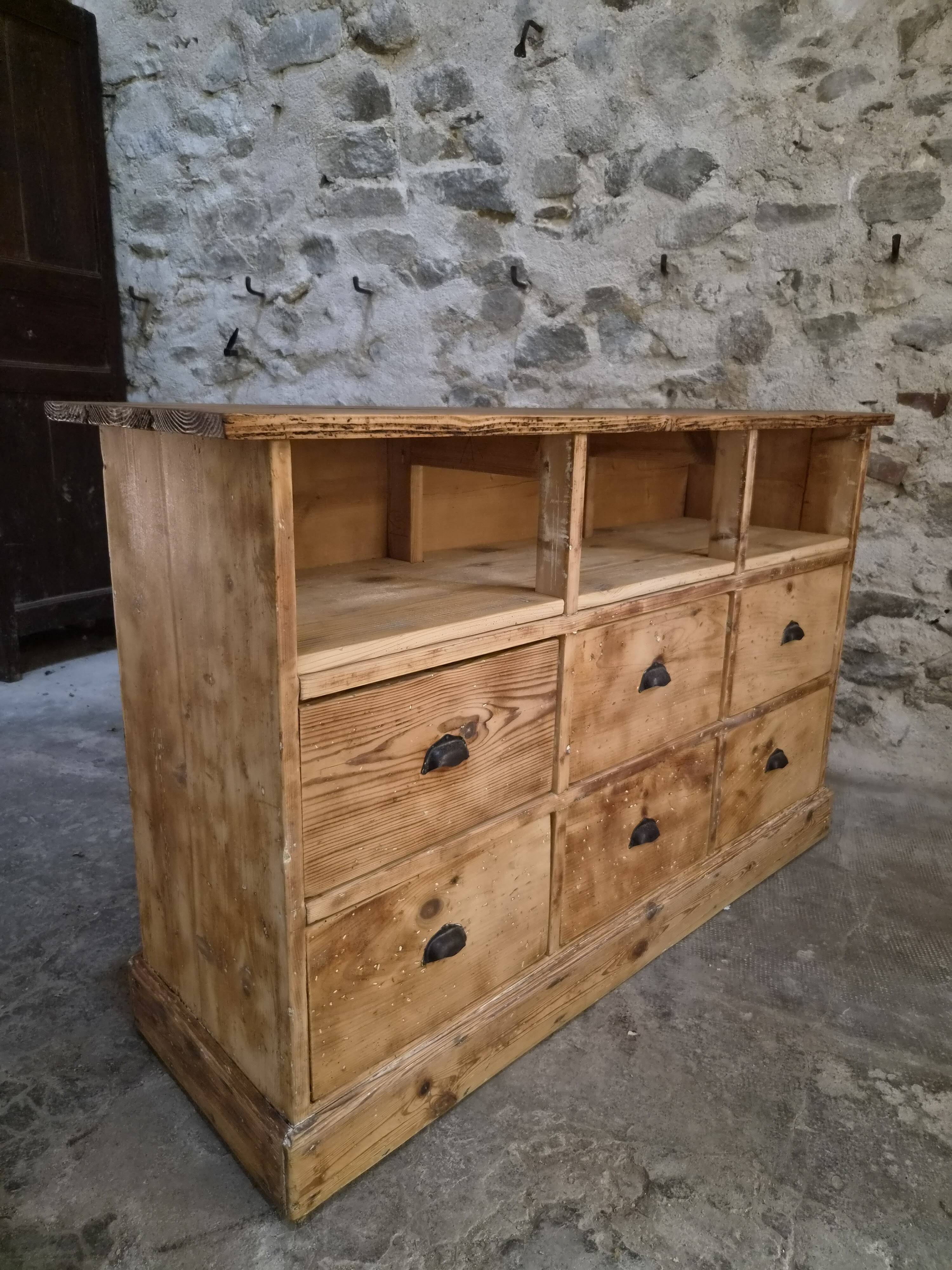 Comptoir de magasin français ancien en pin, meuble à 6 tiroirs, comptoir de magasin, îlot de cuisine, vers 1900