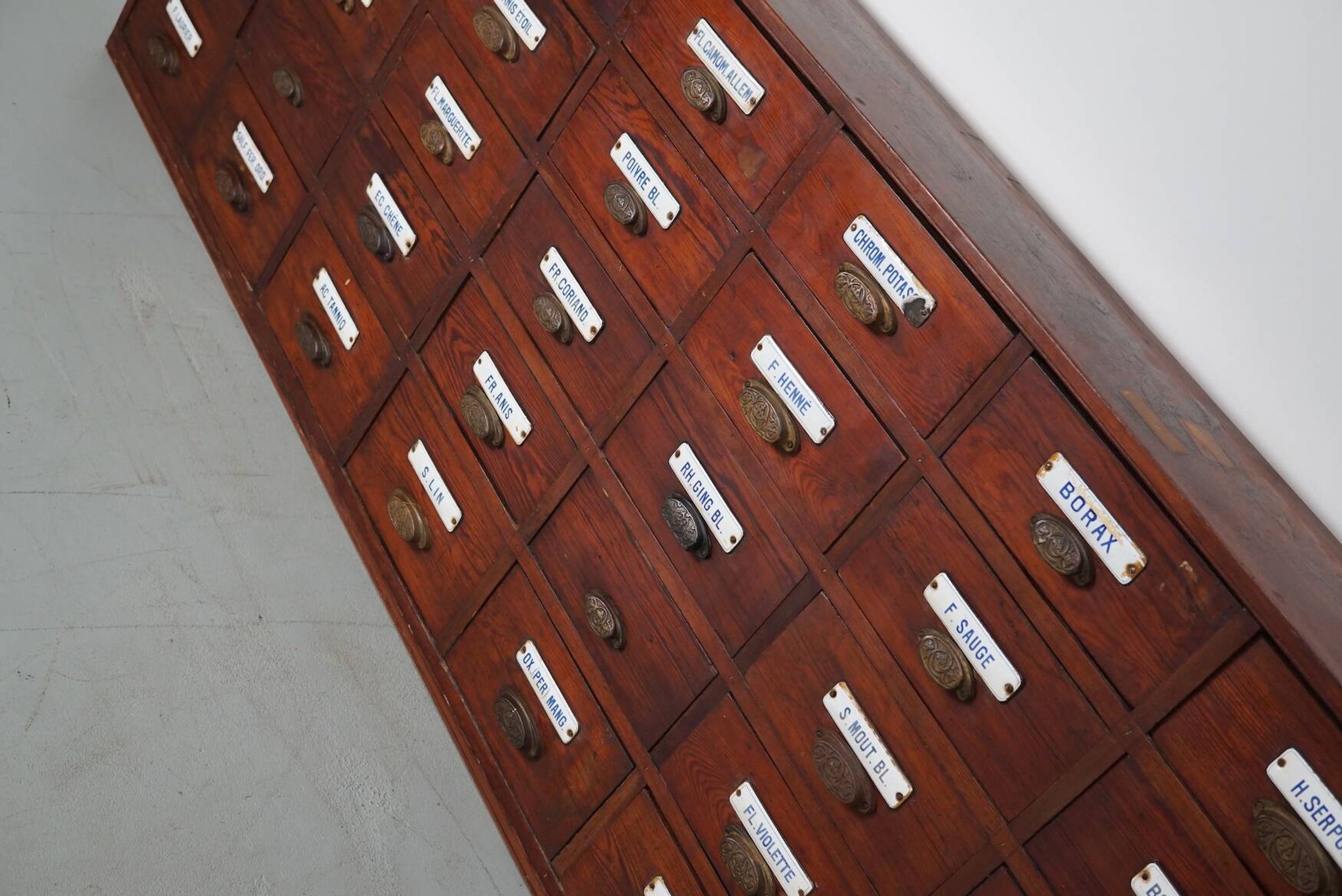 Grand Cabinet d'Apothicaire Antique en Pitch Pine, Belgique, avec Boucliers en Émail, 1900s