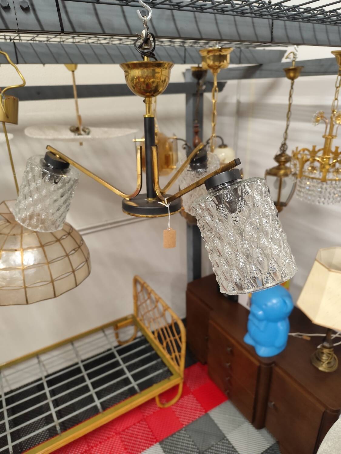 Vintage 70s chandelier with 3 clear glass globes