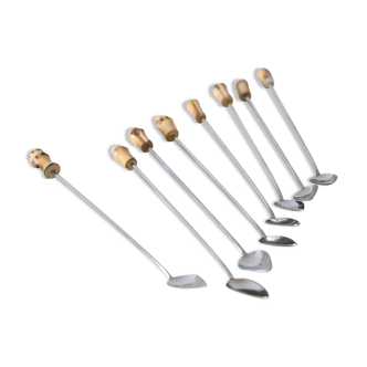 Service of 8 spoons of stainless steel jam and bamboo, vintage