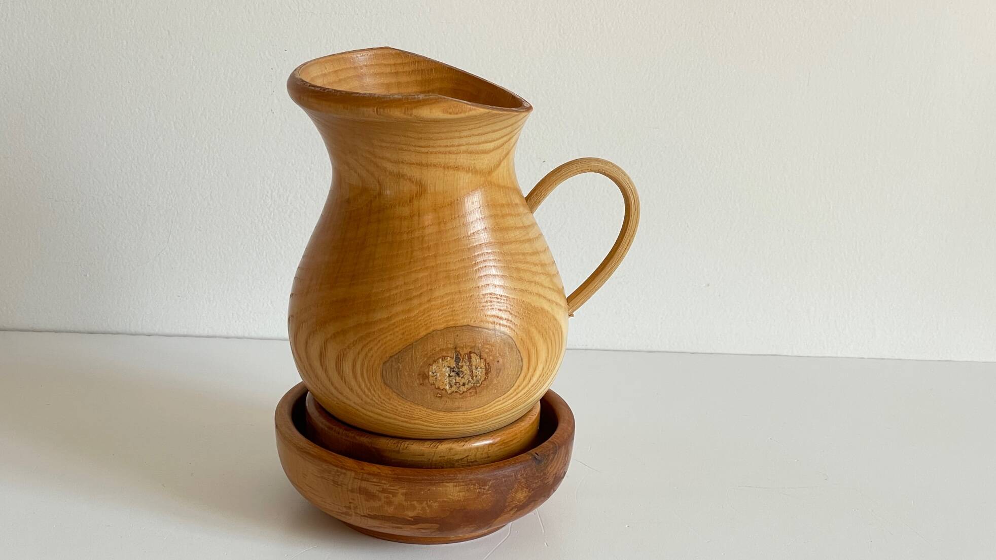 Vintage turned wood pitcher and 2 jars set
