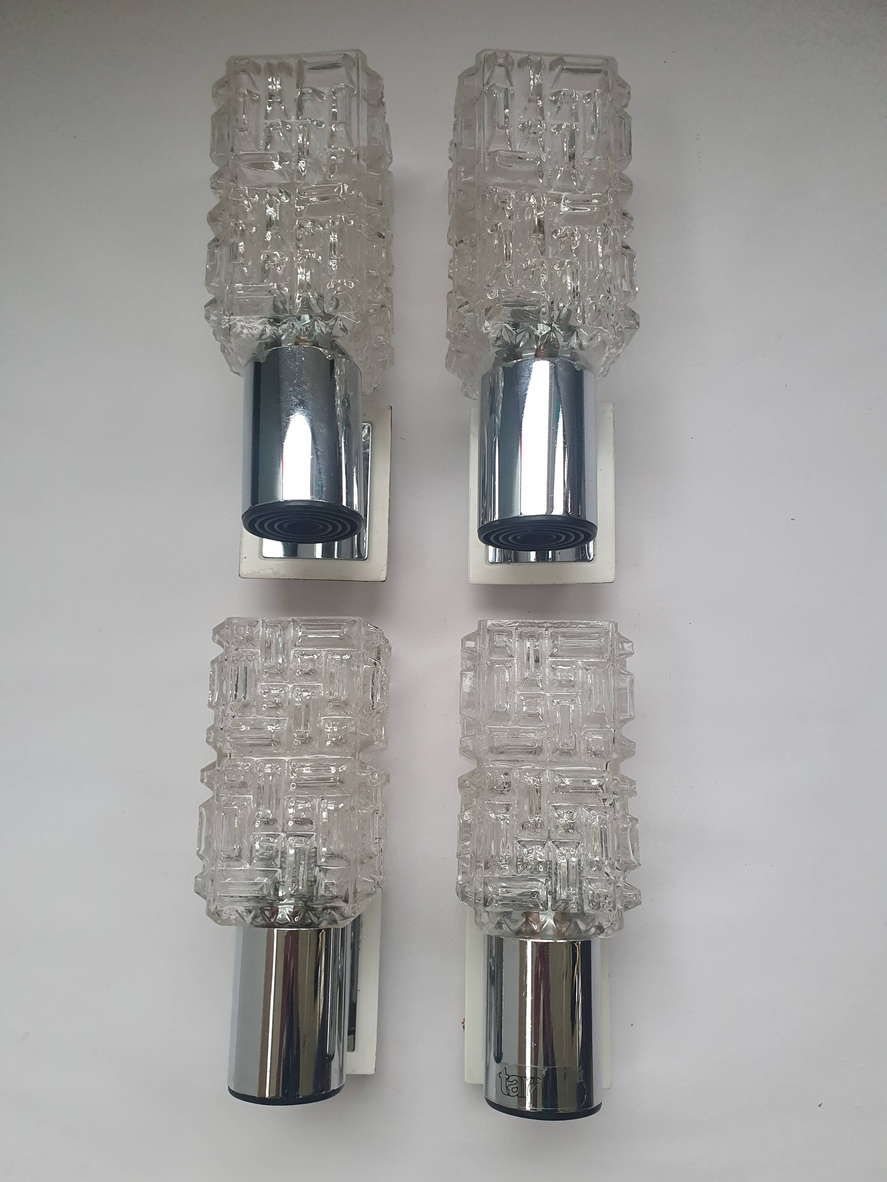 Four vintage chrome wall lights with square globes, Italian Targetti, 1970s
