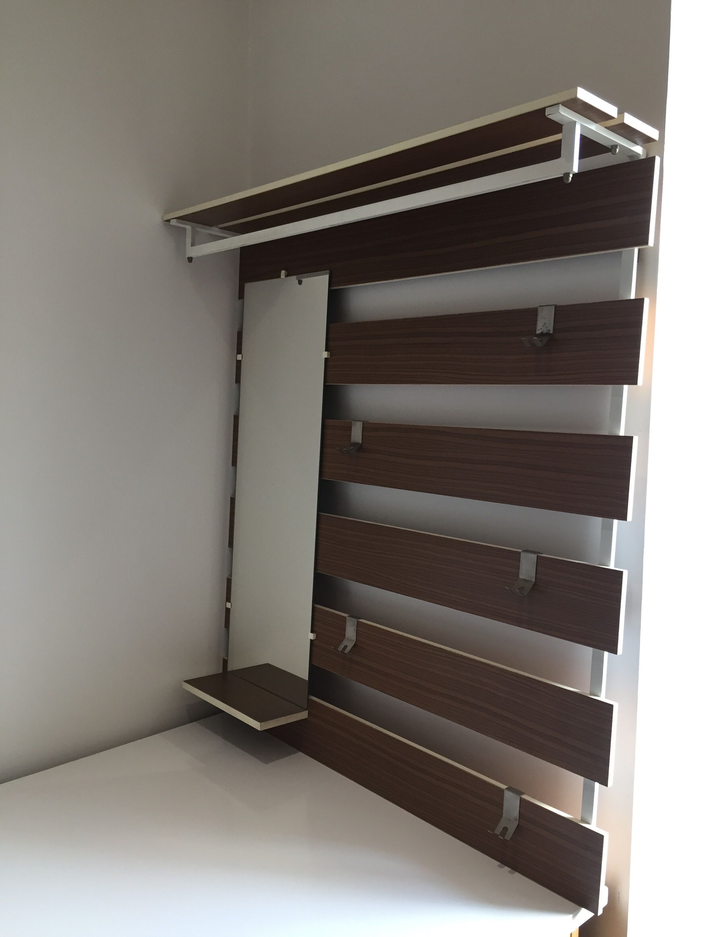 Slatted wall coat rack with mirror, modernist design, 1960s