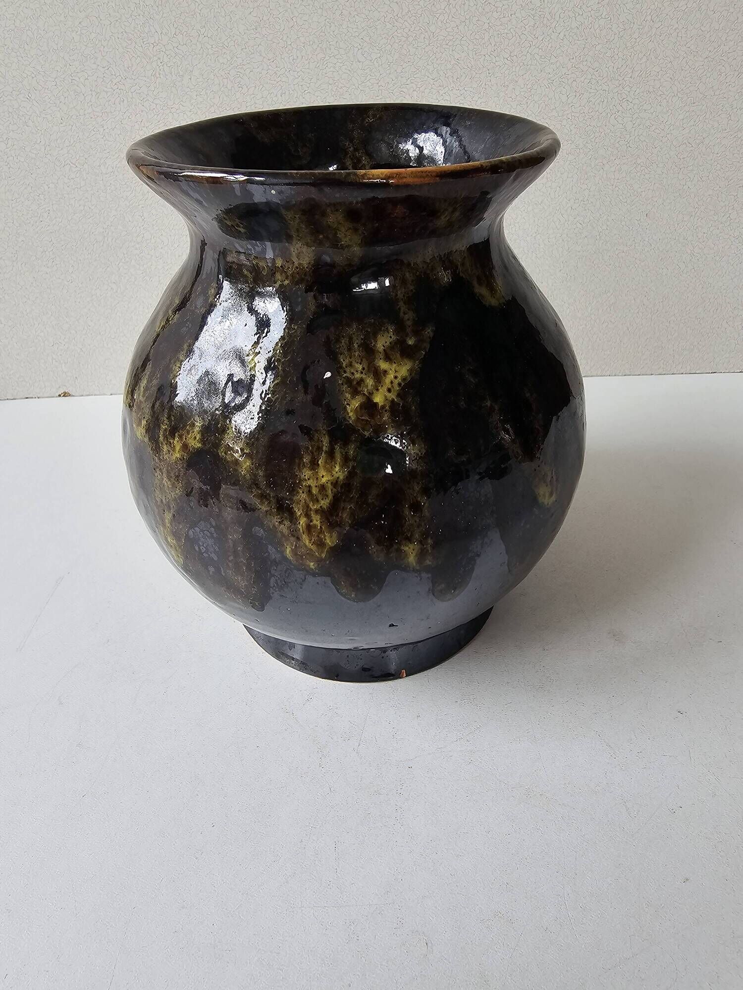 Ceramic vase with black and yellow flame glaze Signed Morvan Petit Massé
