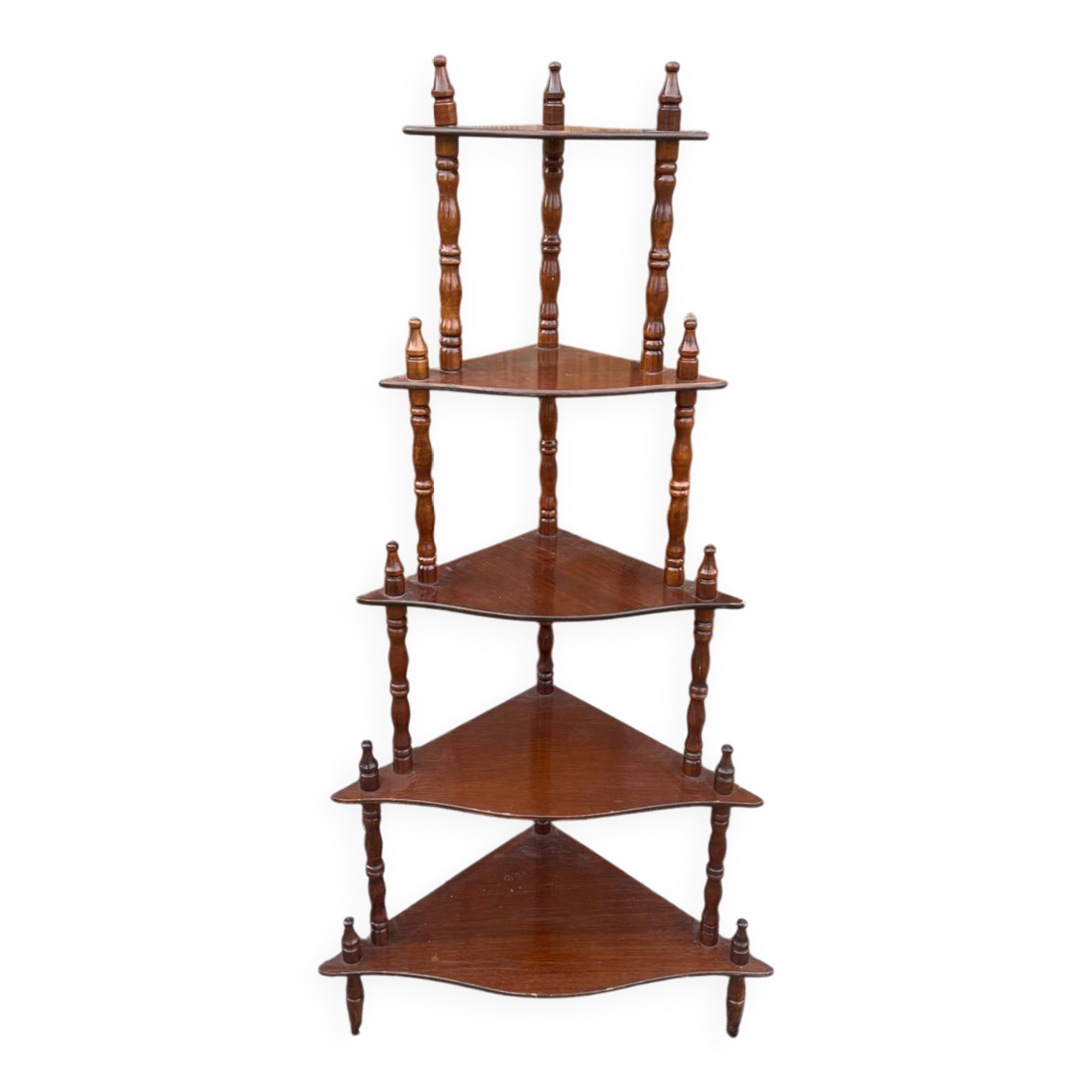 Wooden corner shelf on legs with 5 shelves