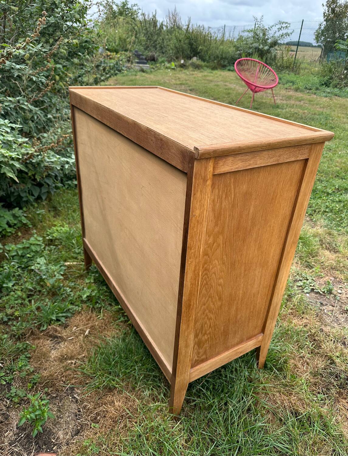 Vintage Scandinavian wooden chest of drawers with herringbone pattern - 4 drawers