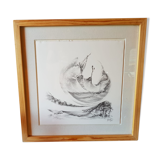 Ancien tableau crayon jerome sterbecq «roulé boulé» + cadre bois noir vintage