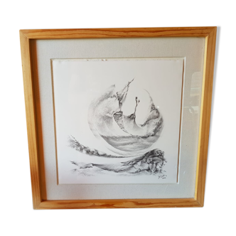 Old Jerome Sterbecq pencil painting “roulé boulé” + vintage black wooden frame