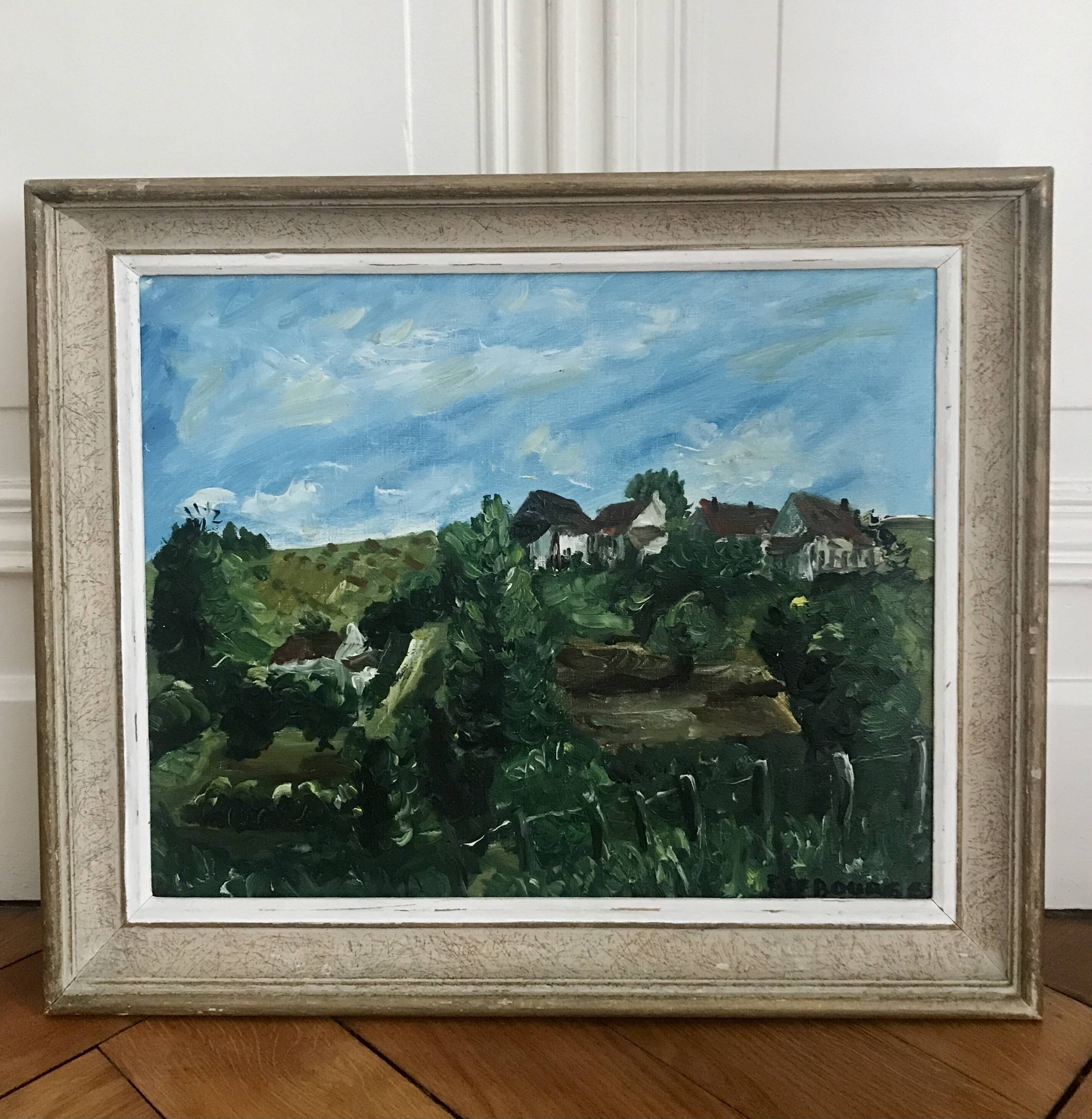 Old painting by Pierre Lebourg, landscape of the Allier