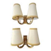 Pair of bronze wall sconces with 1940s Art Deco lampshades.
