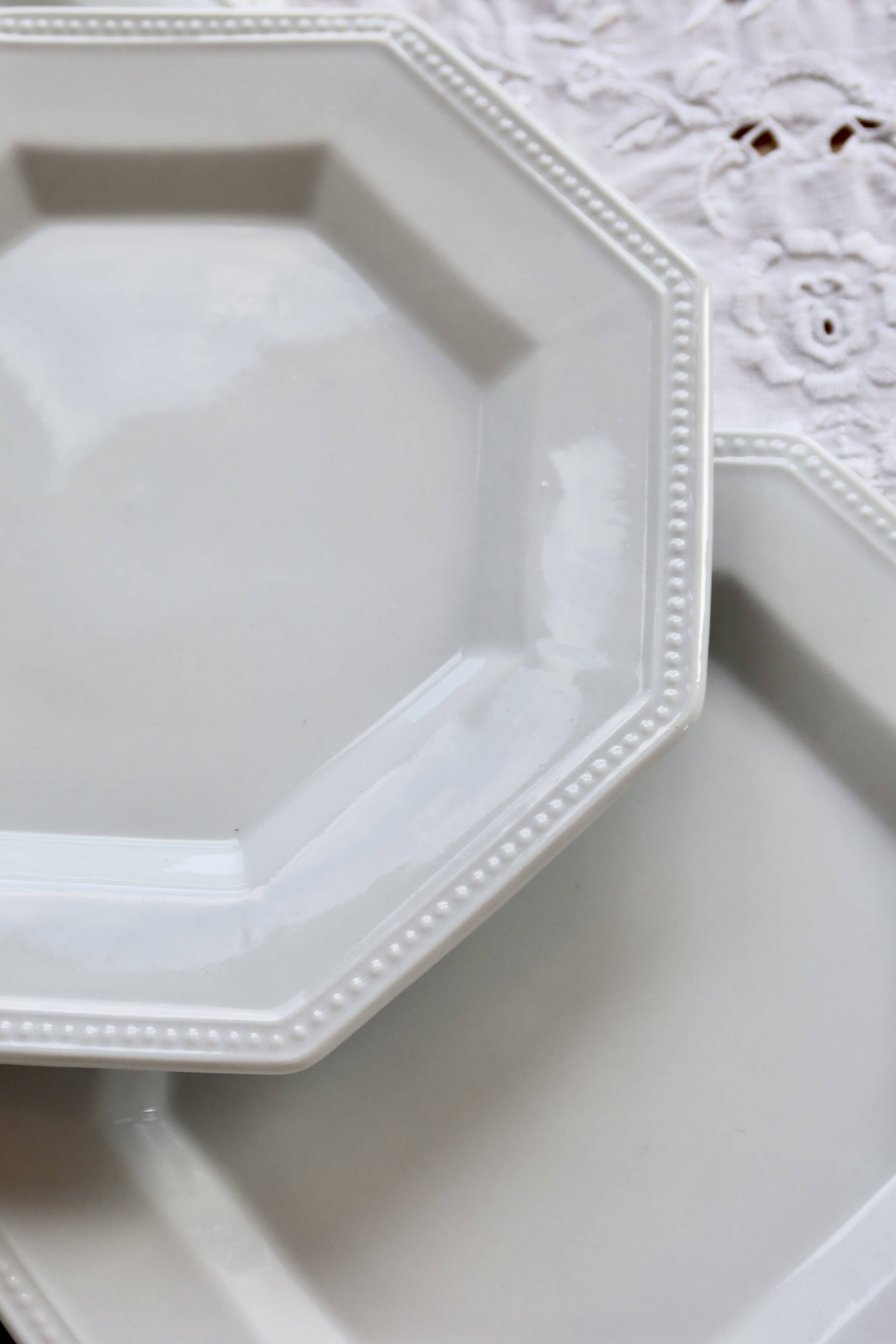 6 vintage octagonal pearl-edged porcelain dessert plates