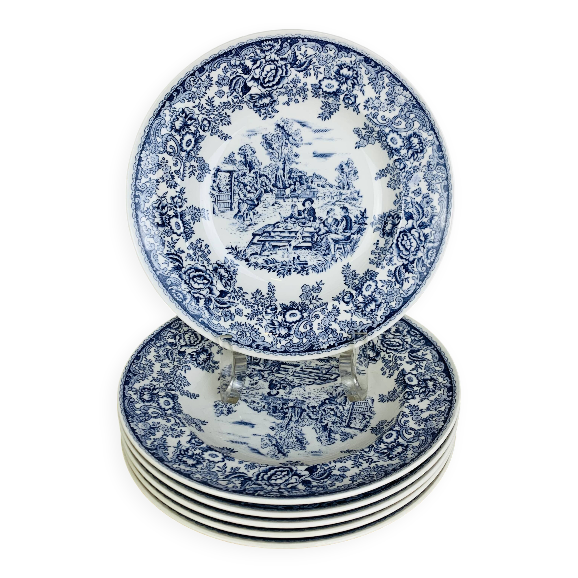 6 assiettes plates terre de fer bleues vintage