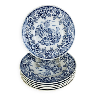 6 assiettes plates terre de fer bleues vintage